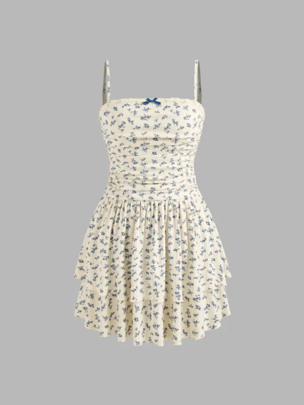 Square Neck Floral Lace Trim Bowknot Ruffle Mini Dress sold by Cider