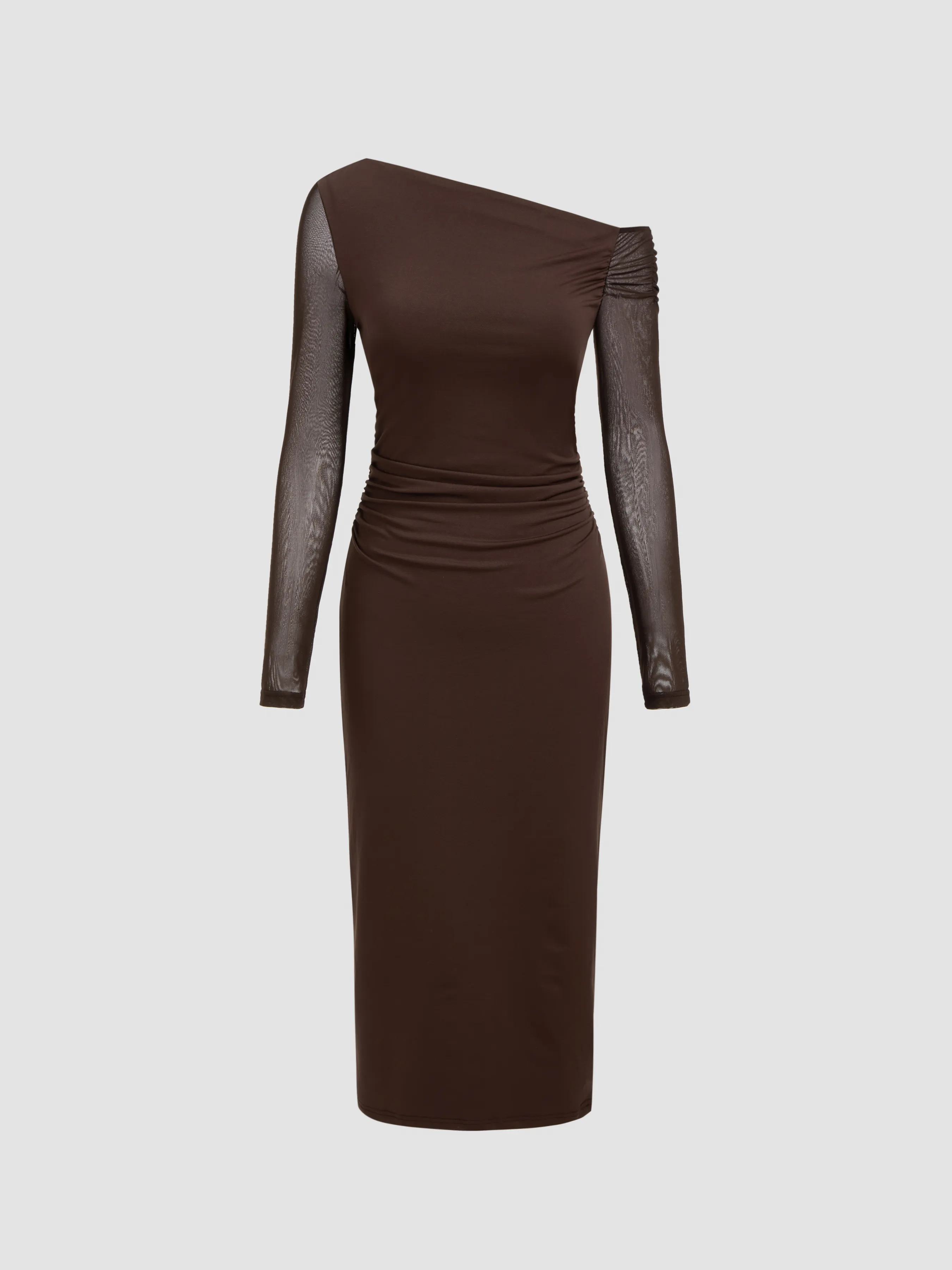 Asymmetrical Neck Solid Ruched Midi Dress sold by Cider