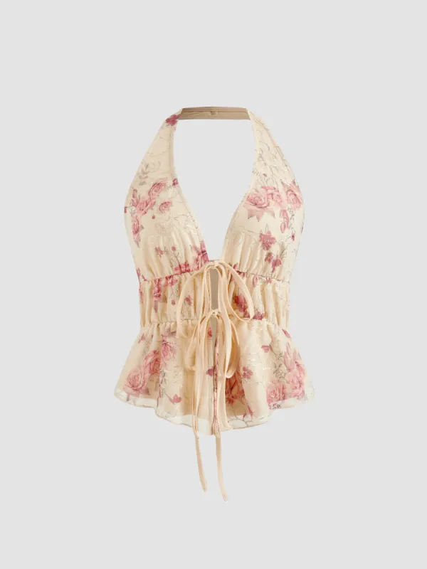 Halter Neckline Floral Knotted Tank Top sold by Cider