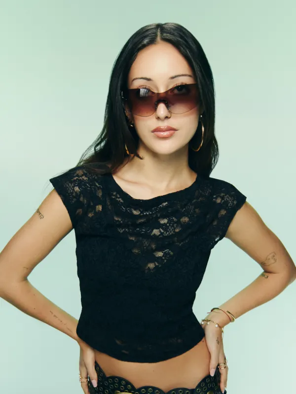 Lace Boat Neck See-through Crop Short Sleeve Top sold by Cider