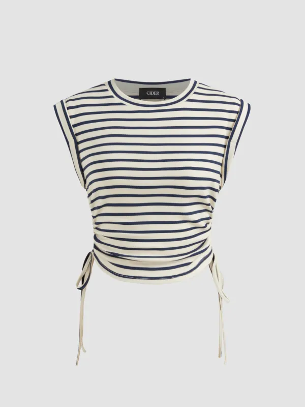 Round Neckline Striped Drawstring Tank Top sold by Cider