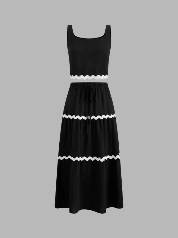 Scoop Neckline Contrasting Binding Tank Top With Mid Rise Tiered Maxi Skirt sold by Cider