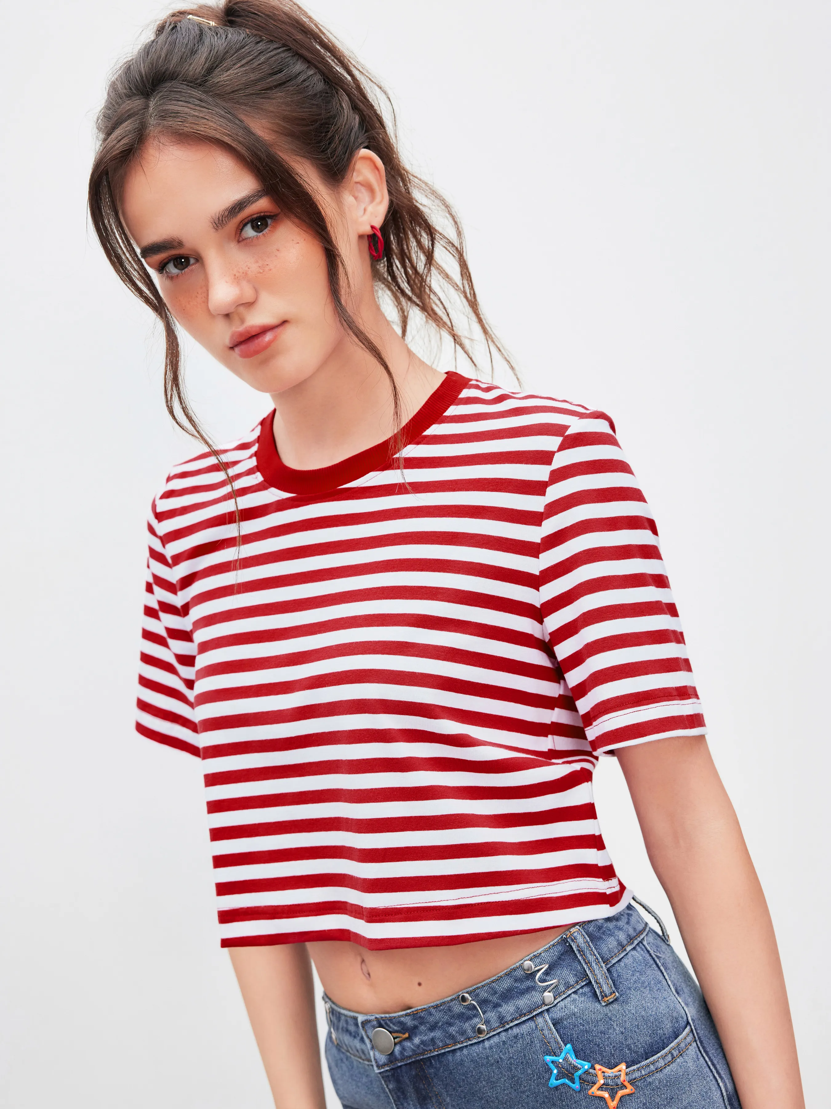 Cotton-blend Round Neck Striped Crop Short Sleeve Tee sold by Cider