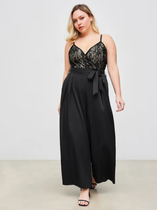 Satin V-neck Lace Knotted Pocket Jumpsuit Curve & Plus sold by Cider