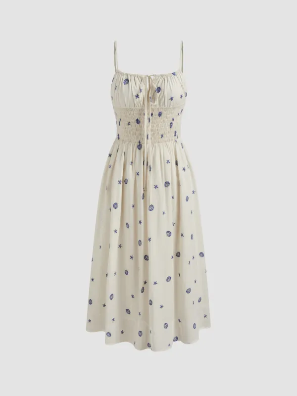 Square Neck Shell & Star Embroidery Knotted Midi Dress sold by Cider