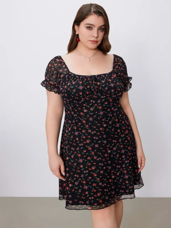 Mesh Square Neck Floral Puff Sleeve Mini Dress Curve & Plus sold by Cider