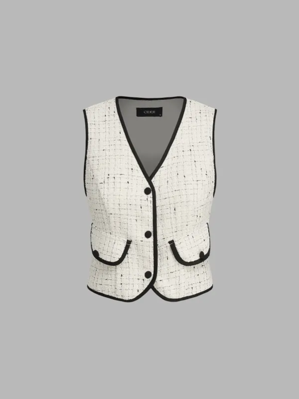 Tweed V-neck Solid Contrasting Binding Crop Vest sold by Cider