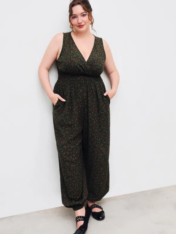 Woven V-neck Ditsy Floral Pocket Jogger Jumpsuit Curve & Plus sold by Cider