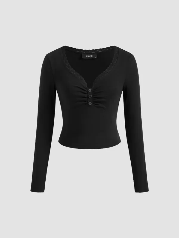 Cotton-blend V-neck Solid Lace Trim Button Ruched Long Sleeve Top sold by Cider