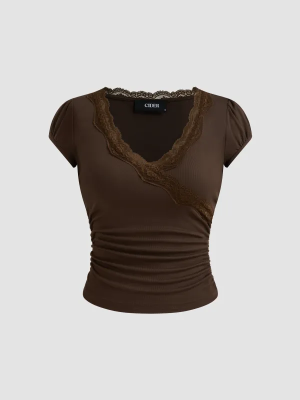 V-neck Solid Lace Trim Ruched Short Sleeve Tee sold by Cider