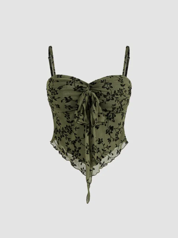 Mesh V-neck Floral Lettuce Trim Knotted Crop Cami Top sold by Cider