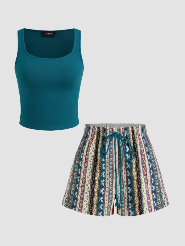 Square Neck Solid Crop Tank Top With Mid Rise Aztec Knotted Pocket Shorts sold by Cider