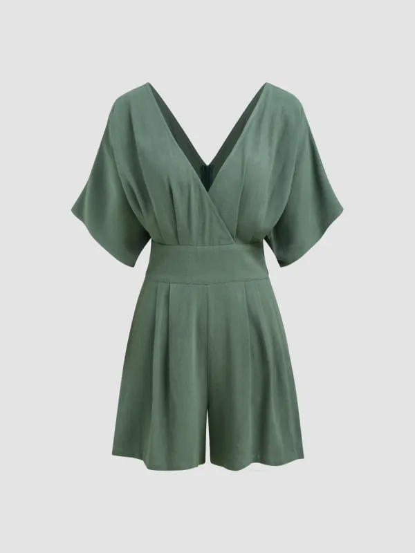 Linen-blend V-neck Solid Pocket Zipper Romper sold by Cider