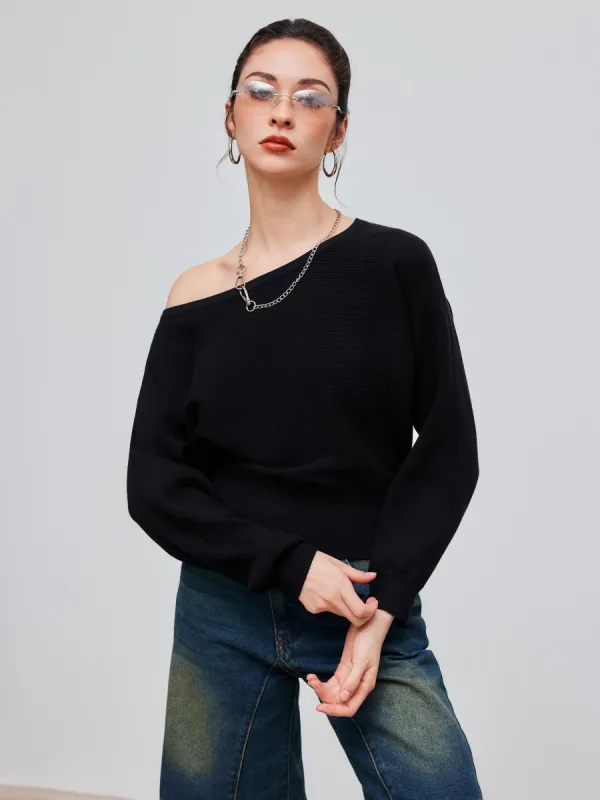 Asymmetrical Neck Solid Crop Long Sleeve Top sold by Cider