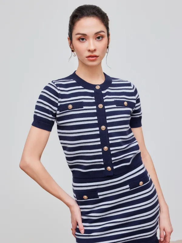 Knit Round Neckline Striped Crop Short Sleeve Top sold by Cider