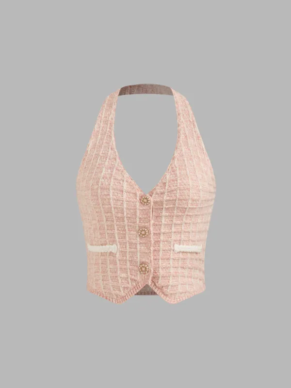 Knit Halter Neckline Check Button Crop Top sold by Cider