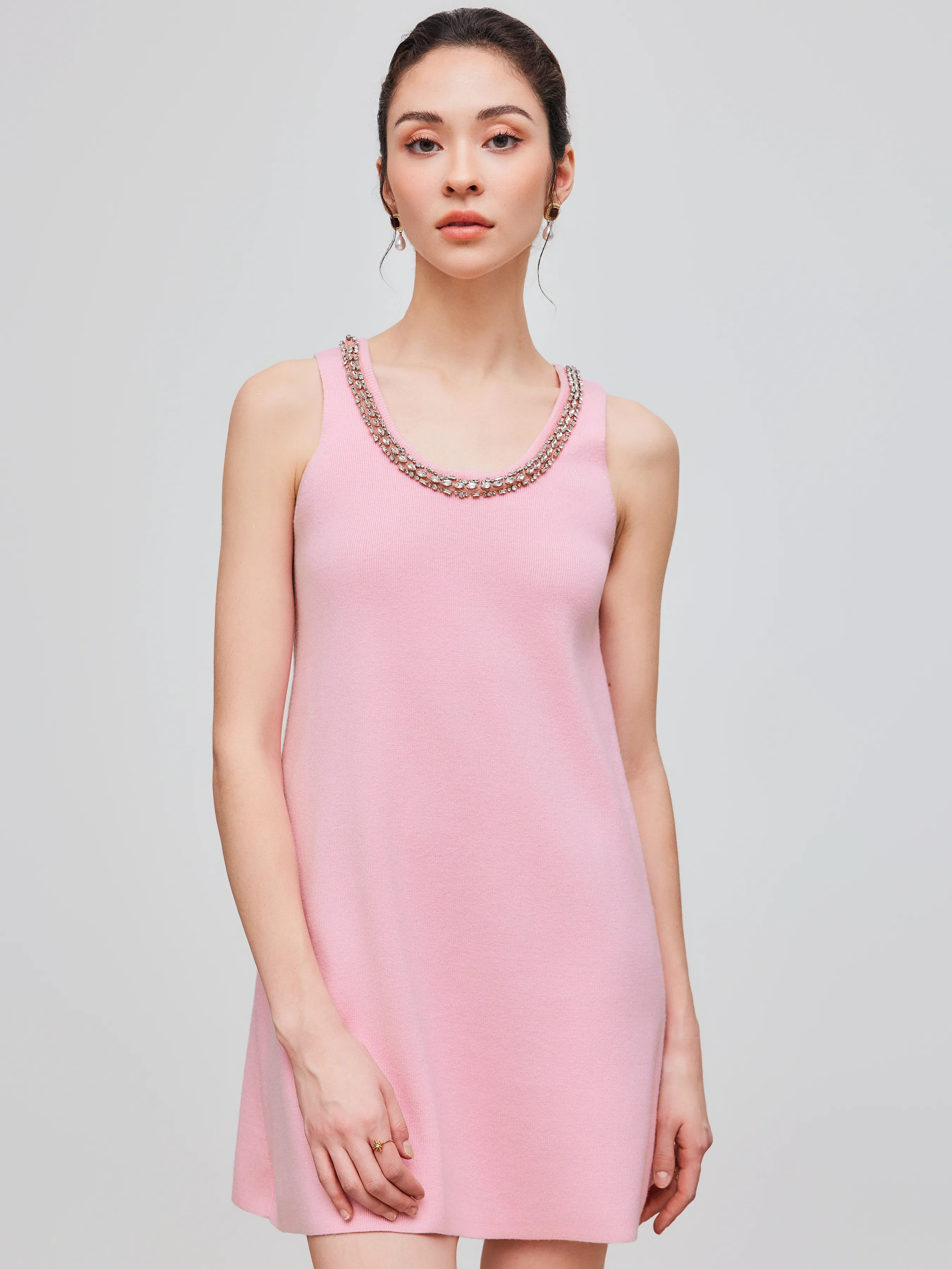Knit Scoop Neckline Solid Rhinestone Mini Dress sold by Cider