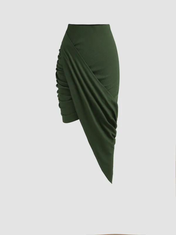 Solid Ruched Asymmetrical Hem Skirt sold by Cider