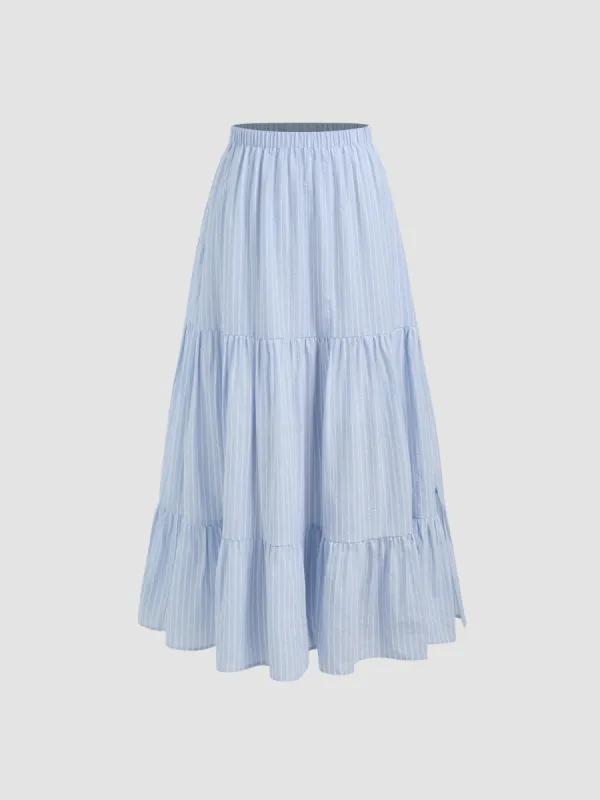 Cotton-blend Mid Rise Striped Tiered Maxi Skirt  sold by Cider