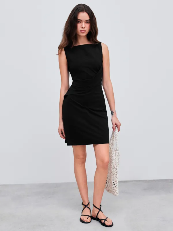 Boat Neck Solid Zipper Mini Dress sold by Cider