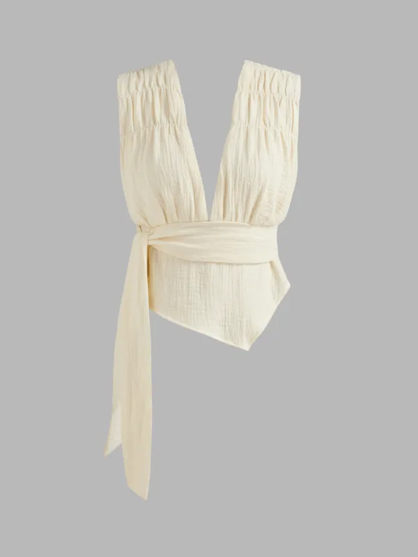 100% Cotton V-neck Solid Knotted Ruched Tank Top made by Cider