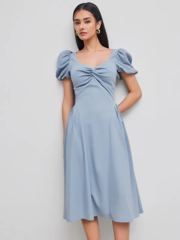 Sweetheart Neckline Solid Twist Pleated Midi Dress made by Cider