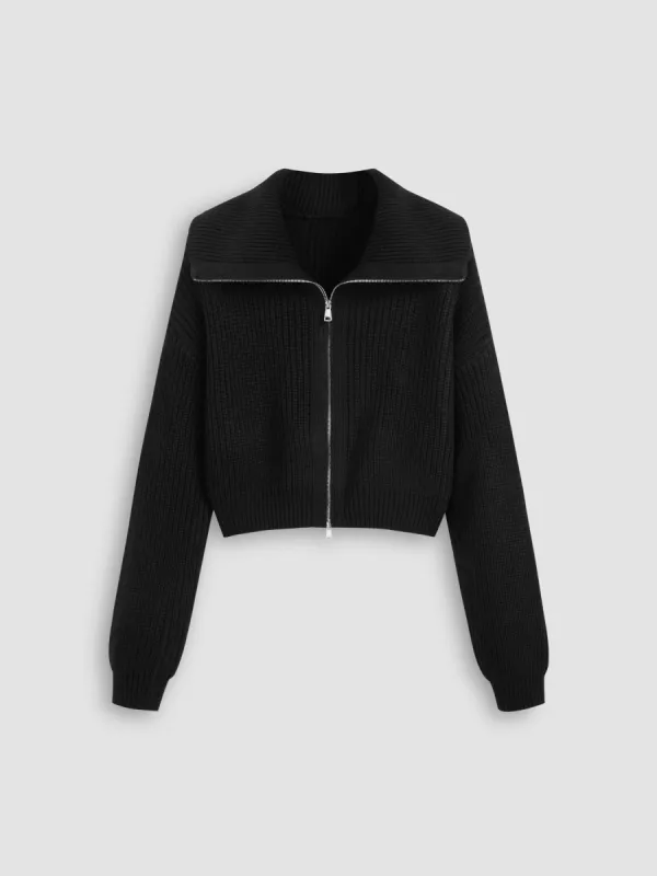 Knit Sailor Collar Solid Zipper Cardigan sold by Cider