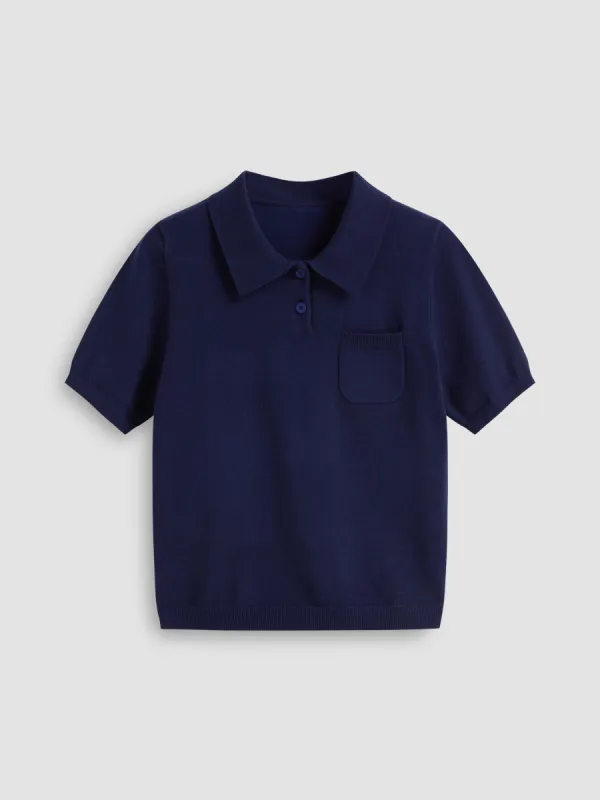 Knit Polo Solid Button Short Sleeve Top sold by Cider