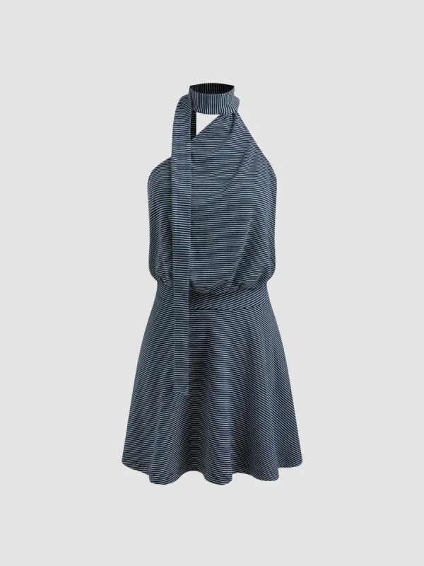 Cotton-blend Halter Neckline Striped Backless Mini Dress sold by Cider