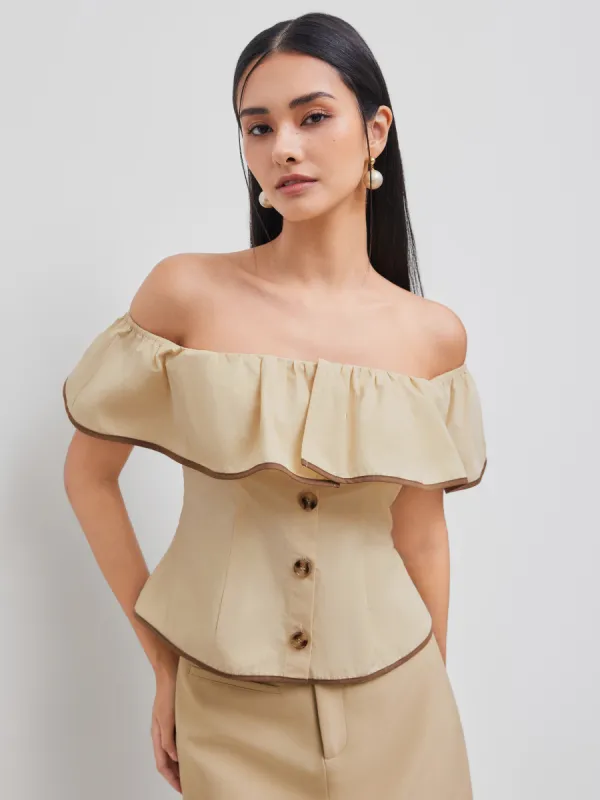 100% Cotton Off-shoulder Contrasting Binding Button Top sold by Cider