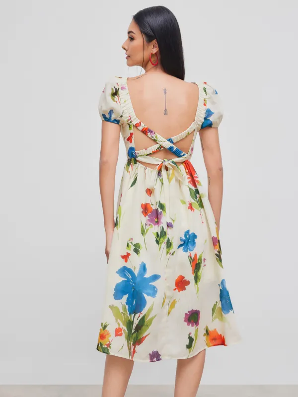 Boat Neckline Floral Criss Cross Knotted Midi Dress sold by Cider