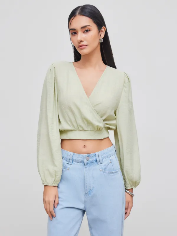 Linen-blend V-neck Solid Knotted Crop Long Sleeve Blouse sold by Cider