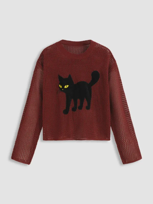 Knit Round Neckline Cat Graphic Hollow Out See-through Oversized Top sold by Cider