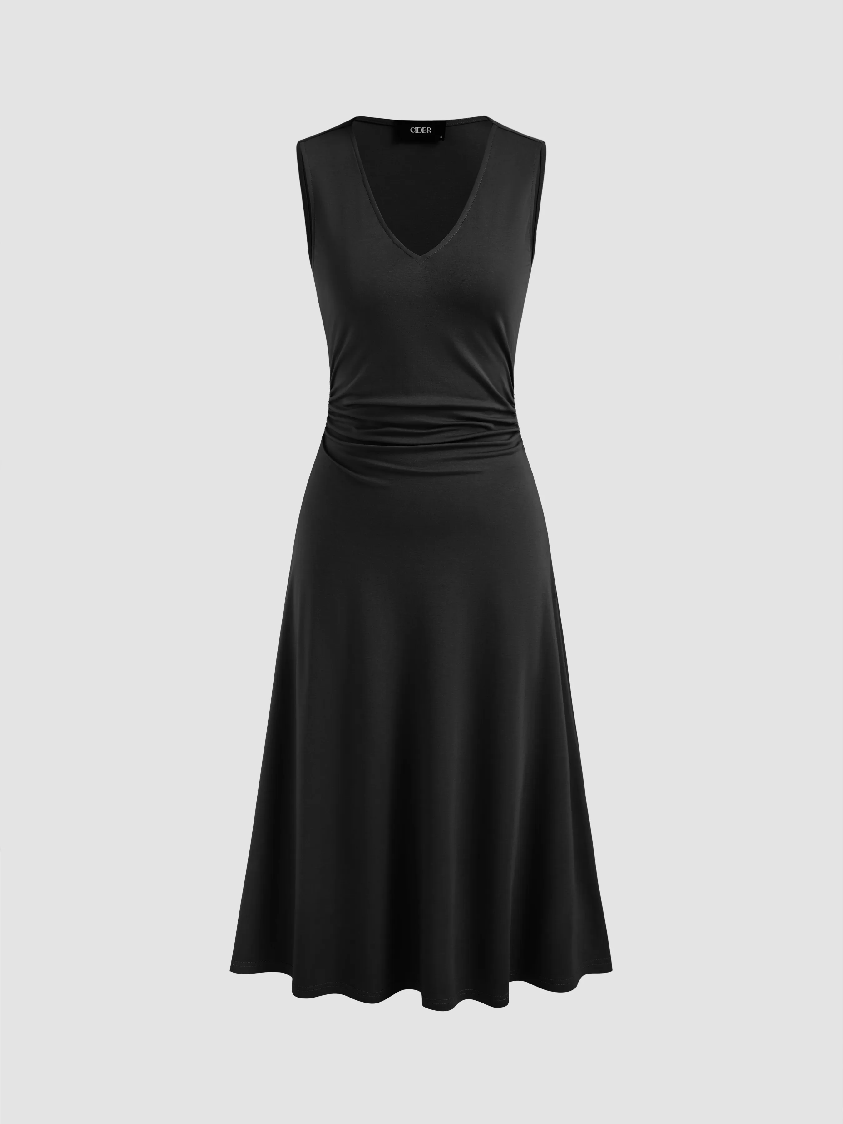 V-neck Solid Ruched Ruffle Midi Dress sold by Cider