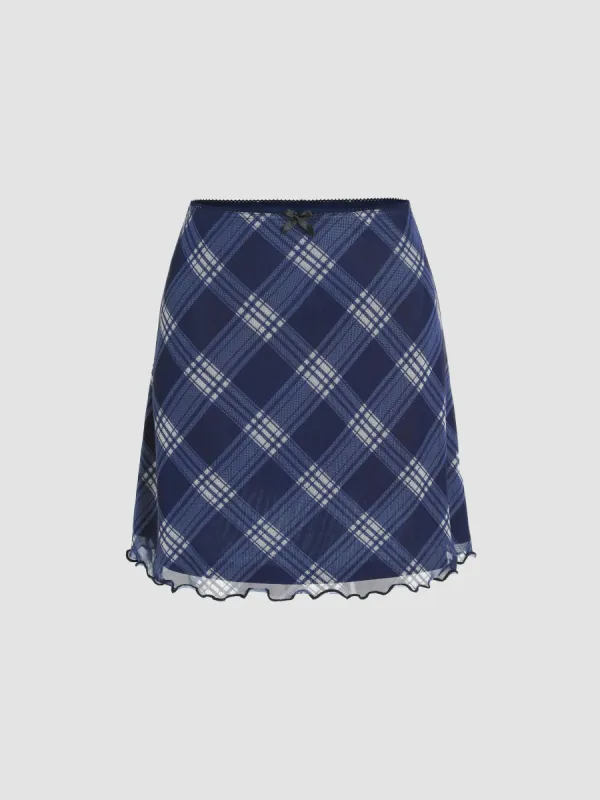 Mesh Lettuce Trim Geometric Plaid Bowknot Mini Skirt sold by Cider