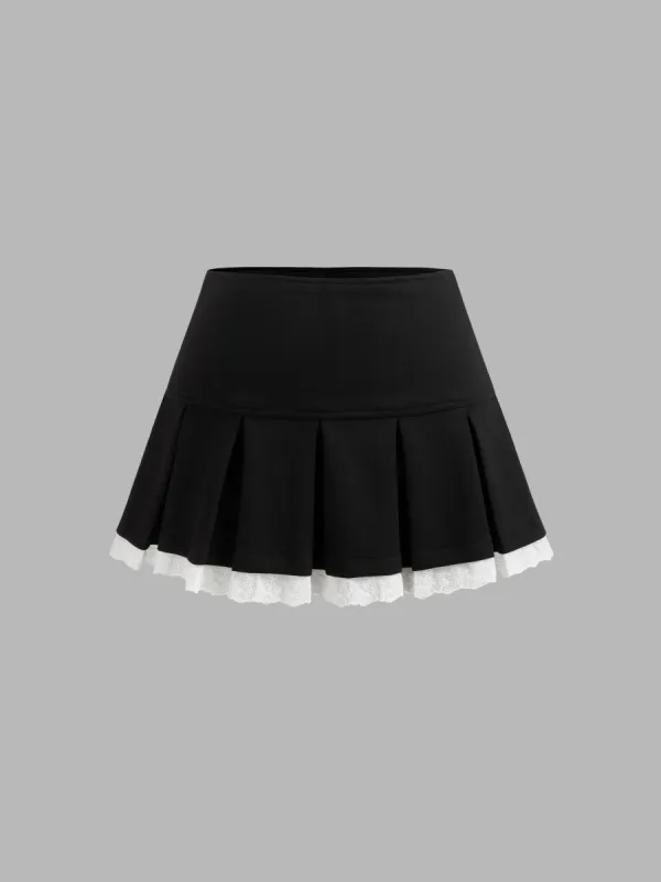 Mid Rise Solid Pleated Broderie Anglaise Hem Mini Skirt sold by Cider