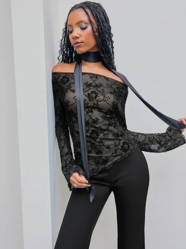 Lace Off-shoulder Floral Lace Long Sleeve Top sold by Cider