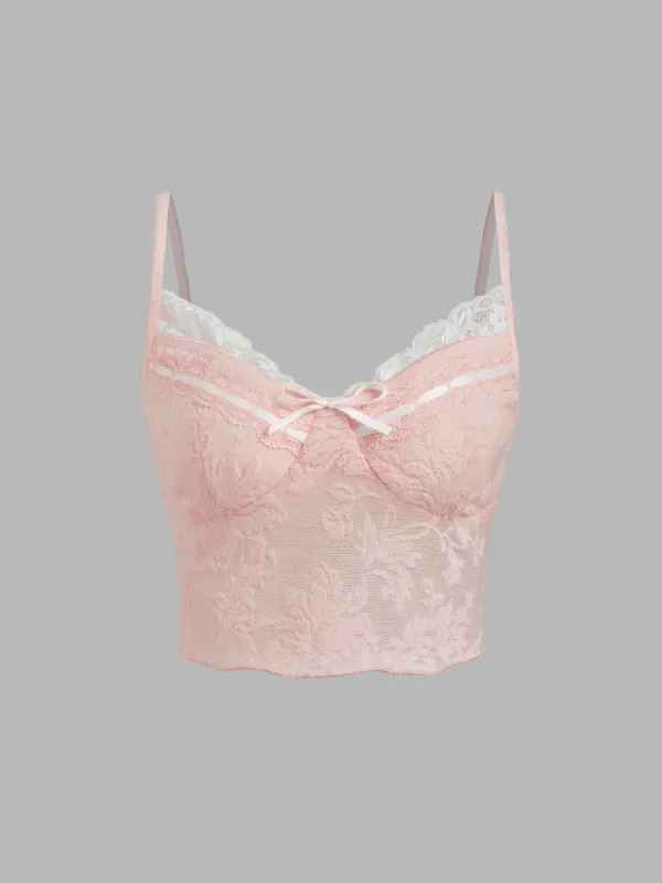 Sweetheart Neckline Bowknot Lace Trim Crop Cami Top sold by Cider