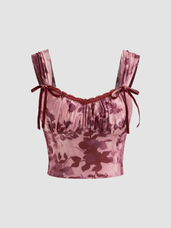 Mesh Scoop Neckline Floral Bowknot Crop Tank Top sold by Cider