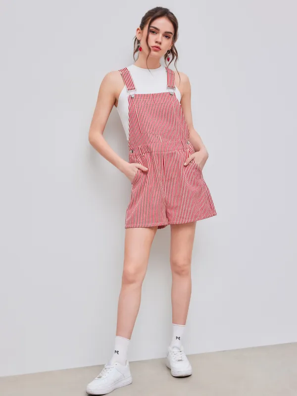 Cotton-blend Square Neck Striped Pocket Romper sold by Cider