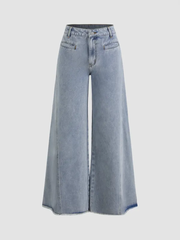 Denim Low Rise Solid Raw Hem Wide Leg Jeans sold by Cider