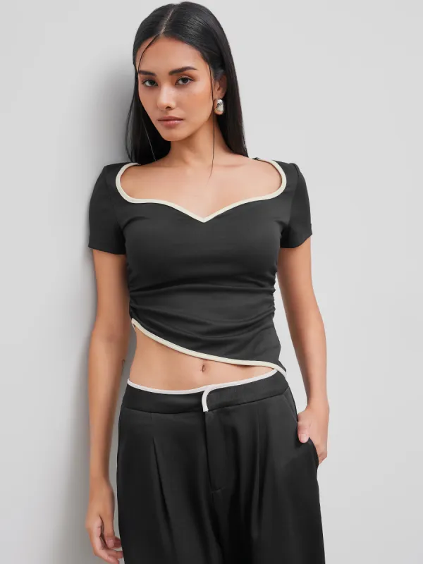 Sweetheart Neckline Contrasting Binding Asymmetrical Hem Ruched Short Sleeve Tee sold by Cider