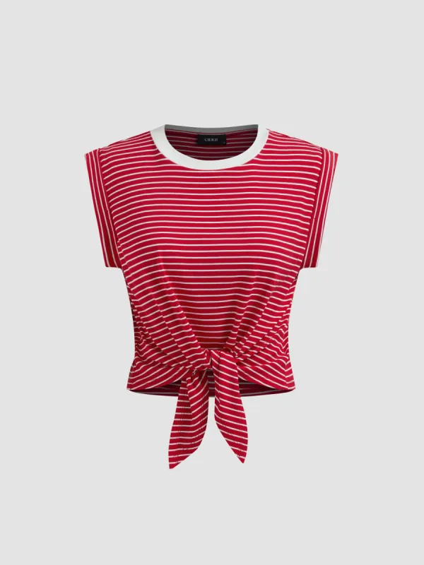 Round Neckline Striped Knotted Tank Top sold by Cider
