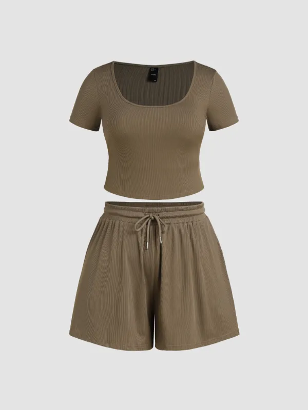 Rib U-neckline Short Sleeve Crop Top & Lace Up Wide Leg Shorts Curve & Plus sold by Cider
