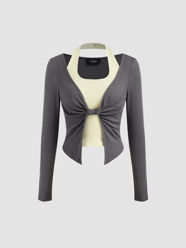 U-neckline Two Tone Twist Long Sleeve Top sold by Cider