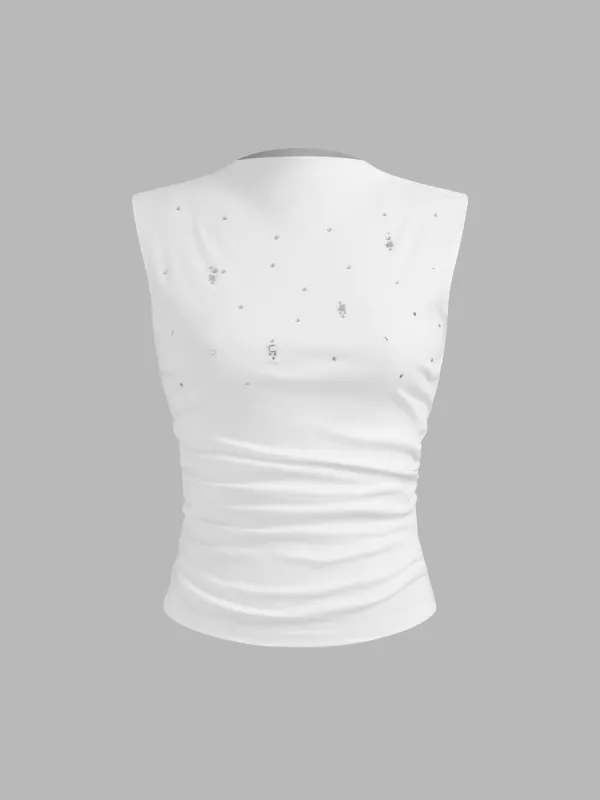 Cotton-blend High Neck Solid Rhinestone Ruched Tank Top sold by Cider