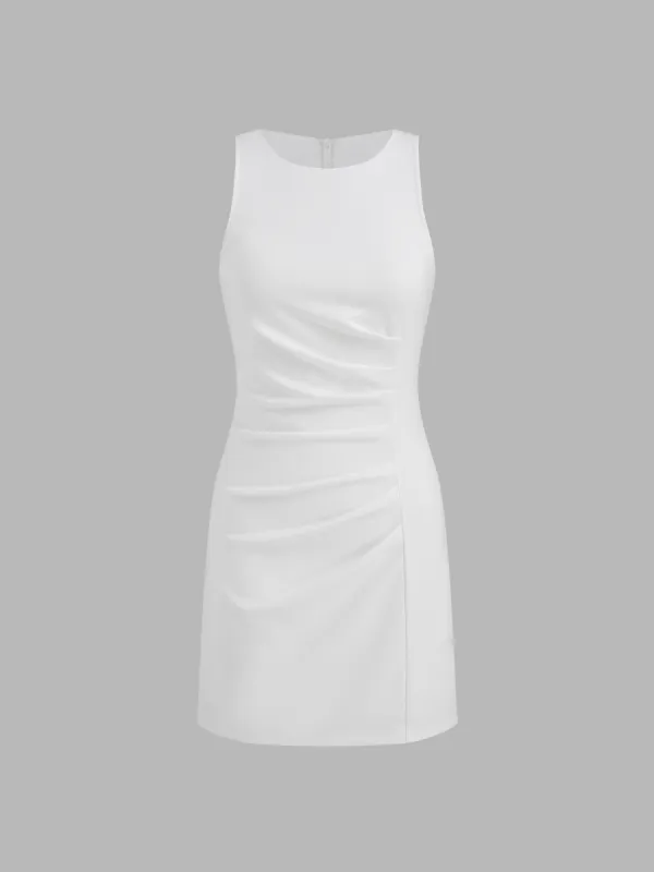 Round Neckline Solid Ruched Zipper Mini Dress sold by Cider