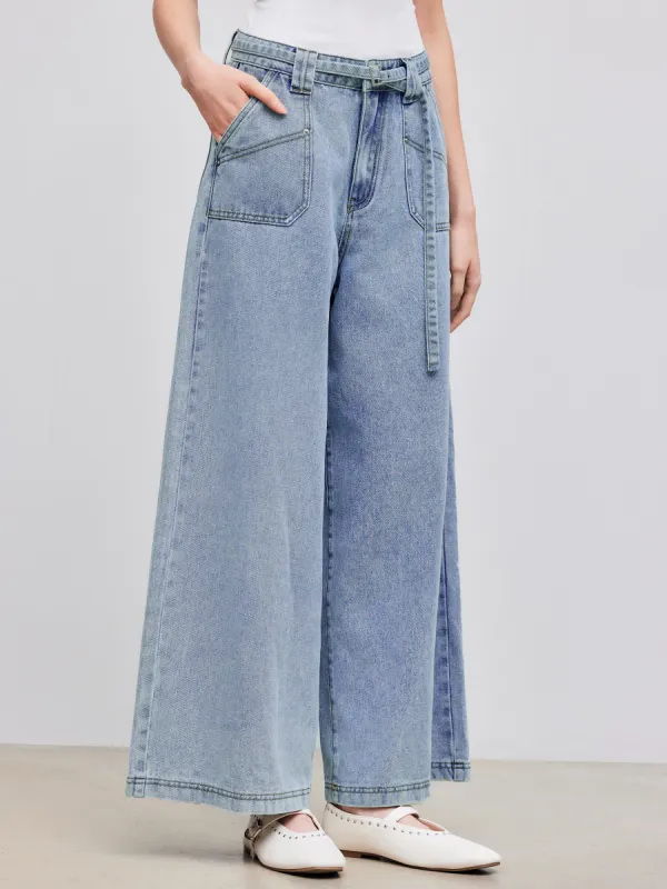 Denim High Rise Solid Wide Leg Jeans With Belt sold by Cider
