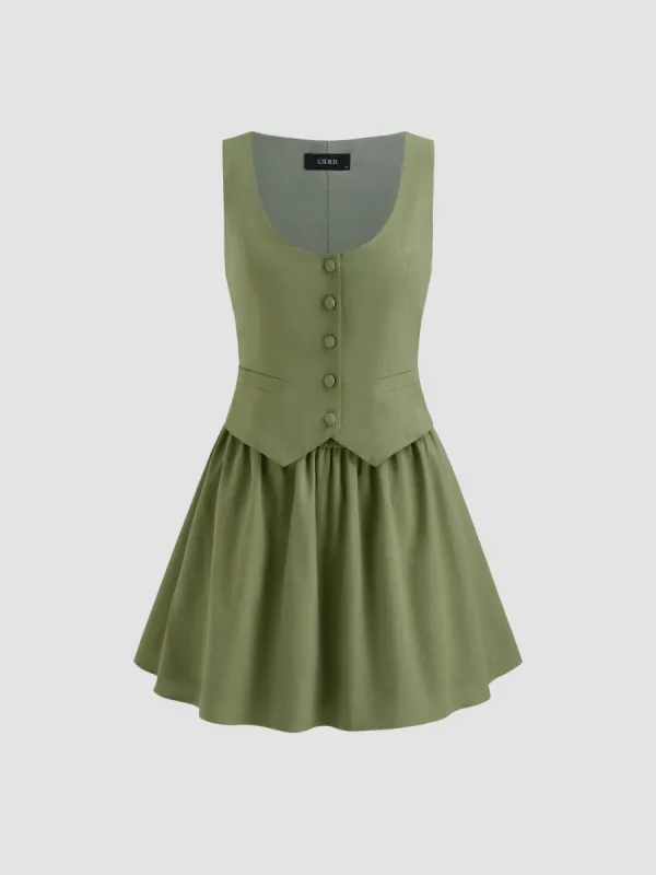 Cotton-blend Scoop Neckline Solid Button Vest Mini Dress made by Cider