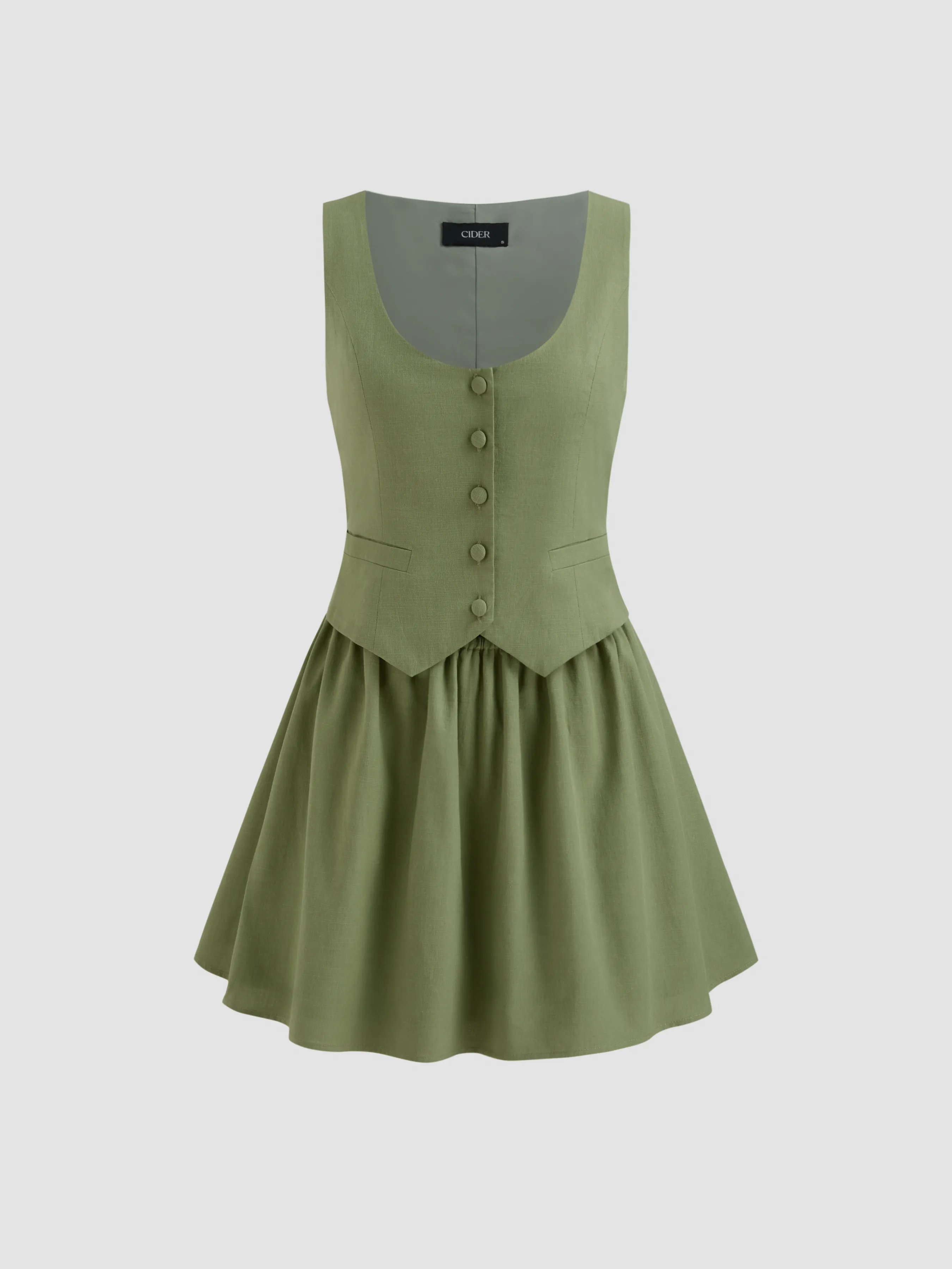 Cotton-blend Scoop Neckline Solid Button Vest Mini Dress sold by Cider